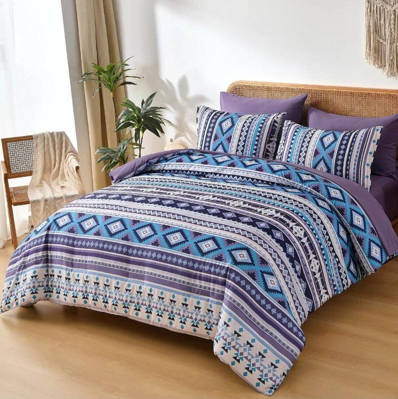 Bohemian Tribal Geometric Comforter Set – Deep Purple & Ivory Aztec De