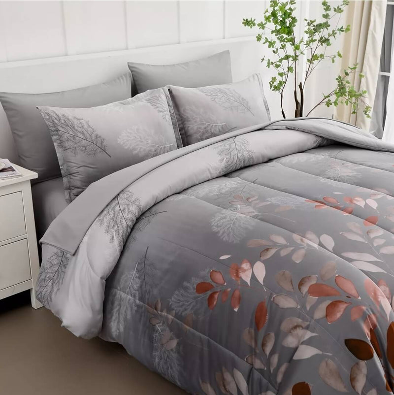 Brown Floral Quilted 7 Piece Comforter & Fitted/Flat Sheet Set Pillowcases