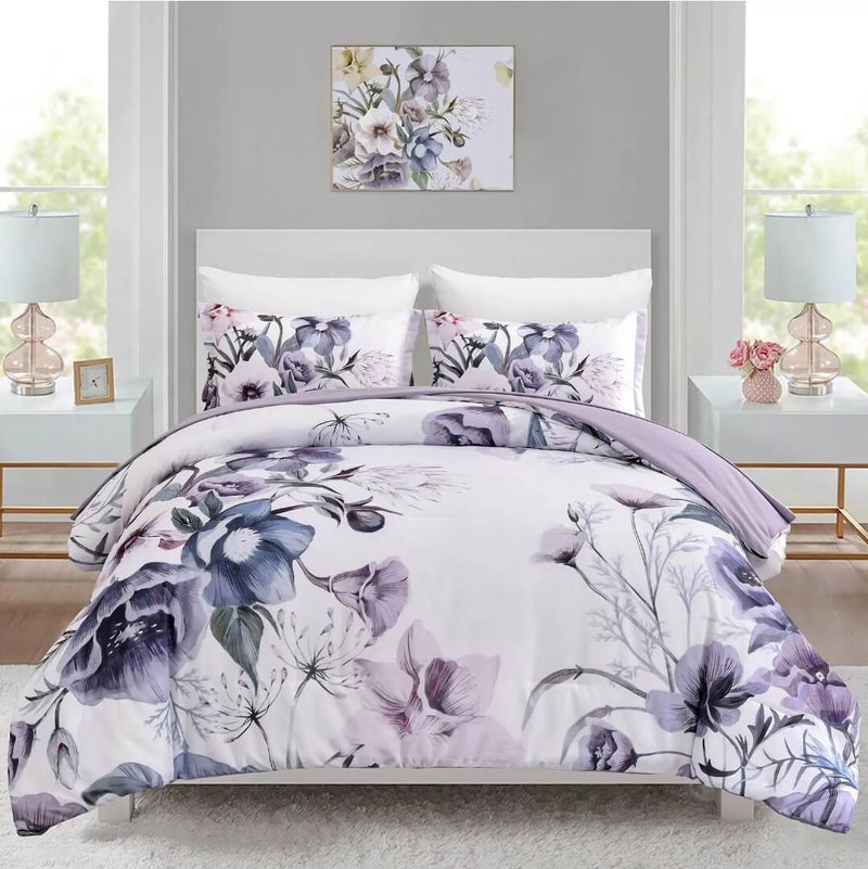 Purple Floral Quilted 3 Piece Comforter Set