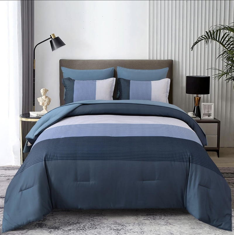 Striped Blue Comforter Set-Quilt Set (3Pcs)