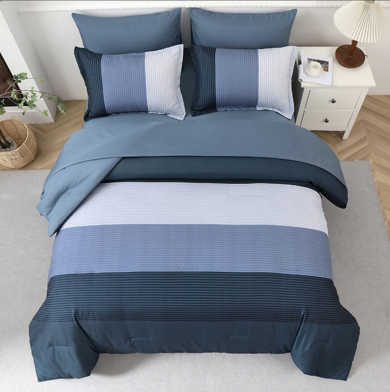 Striped Blue Comforter Set-Quilt Set (3Pcs)