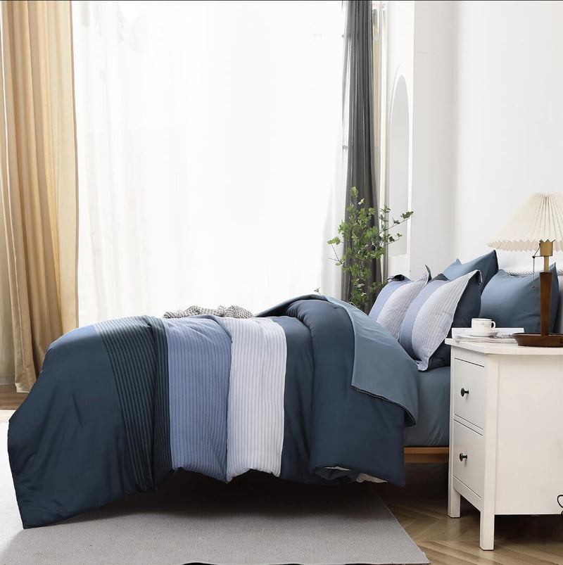 Striped Blue Comforter Set-Quilt Set (3Pcs)