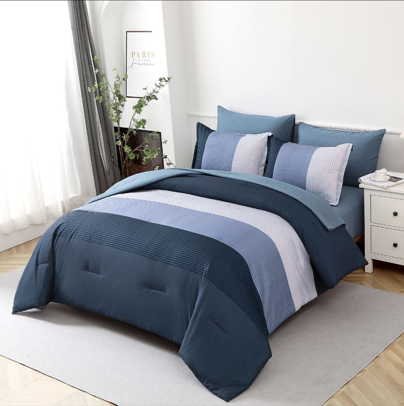 Striped Blue Comforter Set-Quilt Set (3Pcs)