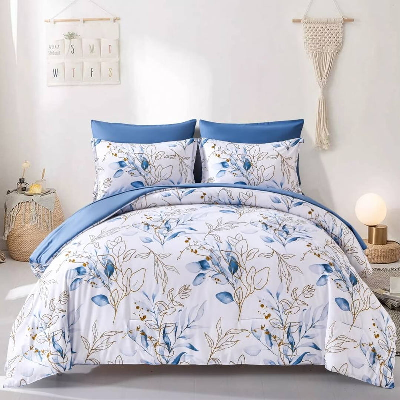 Navy Blue Floral Comforter Set-Quilt Set (3Pcs)
