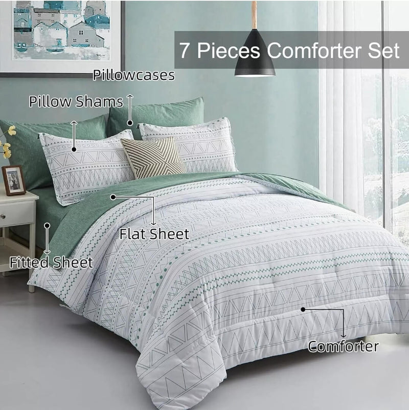 Striped Green Quilted 7 Piece Comforter & Fitted/Flat Sheet Set Pillowcases