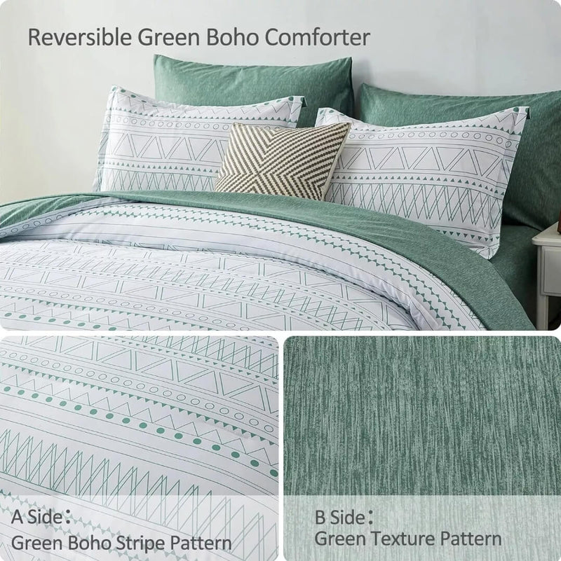 Striped Green Quilted 7 Piece Comforter & Fitted/Flat Sheet Set Pillowcases