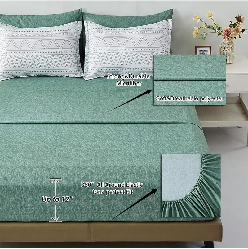Striped Green Quilted 7 Piece Comforter & Fitted/Flat Sheet Set Pillowcases