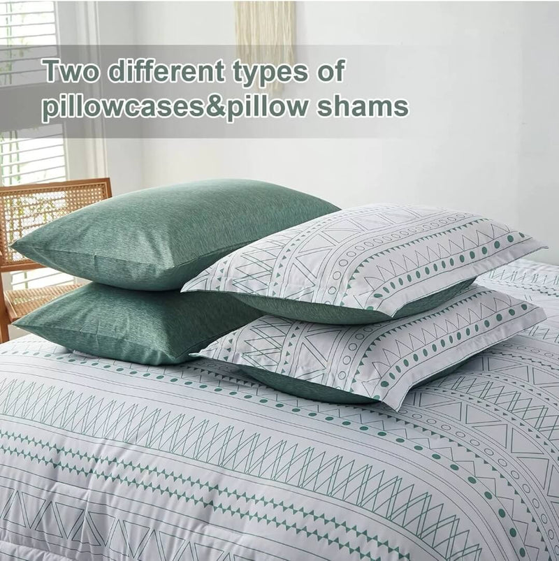 Striped Green Quilted 7 Piece Comforter & Fitted/Flat Sheet Set Pillowcases