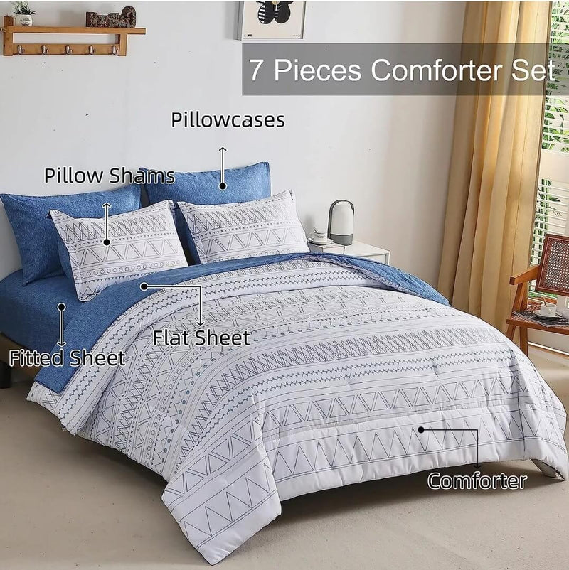 Striped Blue Quilted 7 Piece Comforter & Fitted/Flat Sheet Set Pillowcases