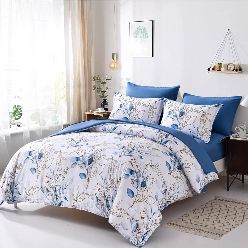 Navy Blue Floral Comforter Set-Quilt Set (3Pcs)