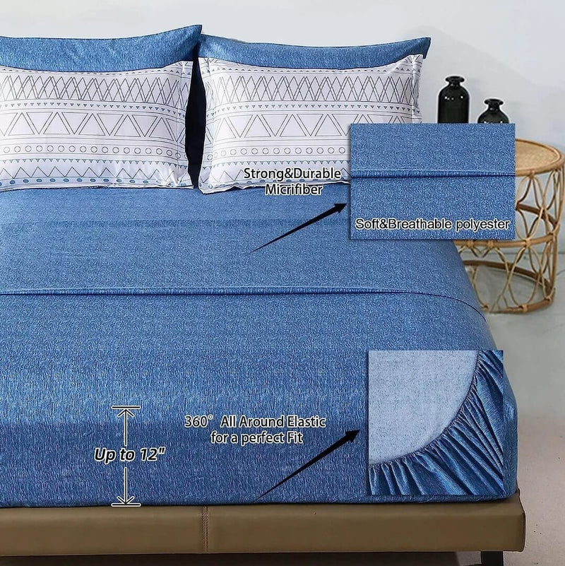 Striped Blue Quilted 7 Piece Comforter & Fitted/Flat Sheet Set Pillowcases