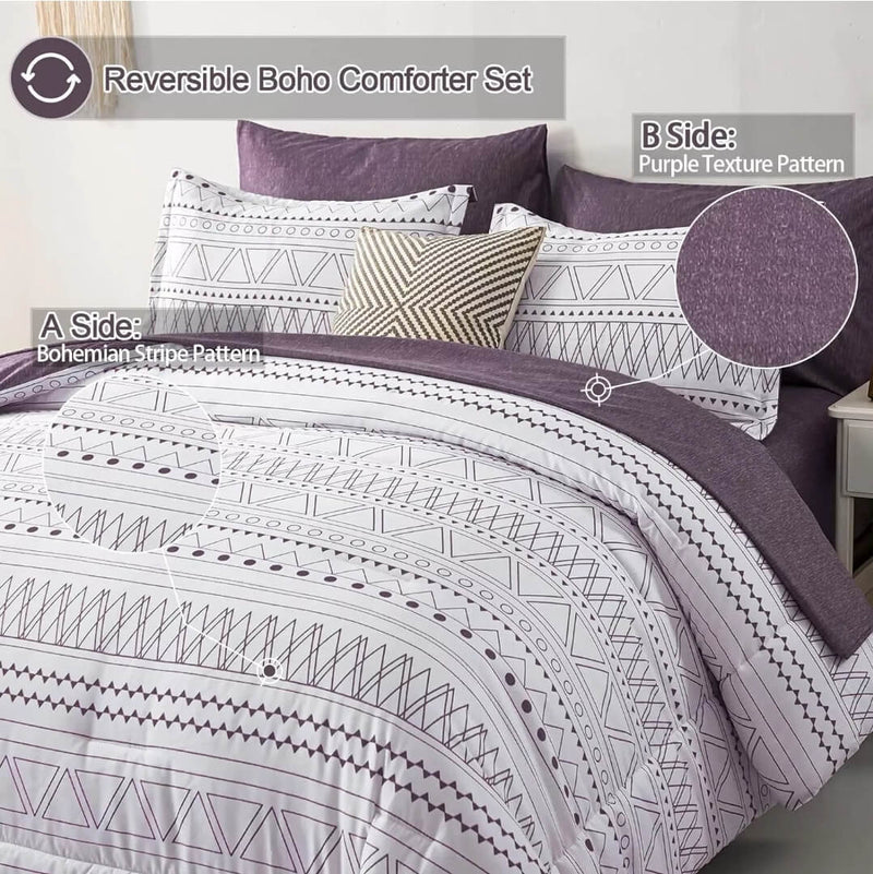 Purple Striped Quilted 7 Piece Comforter & Fitted/Flat Sheet Set Pillowcases