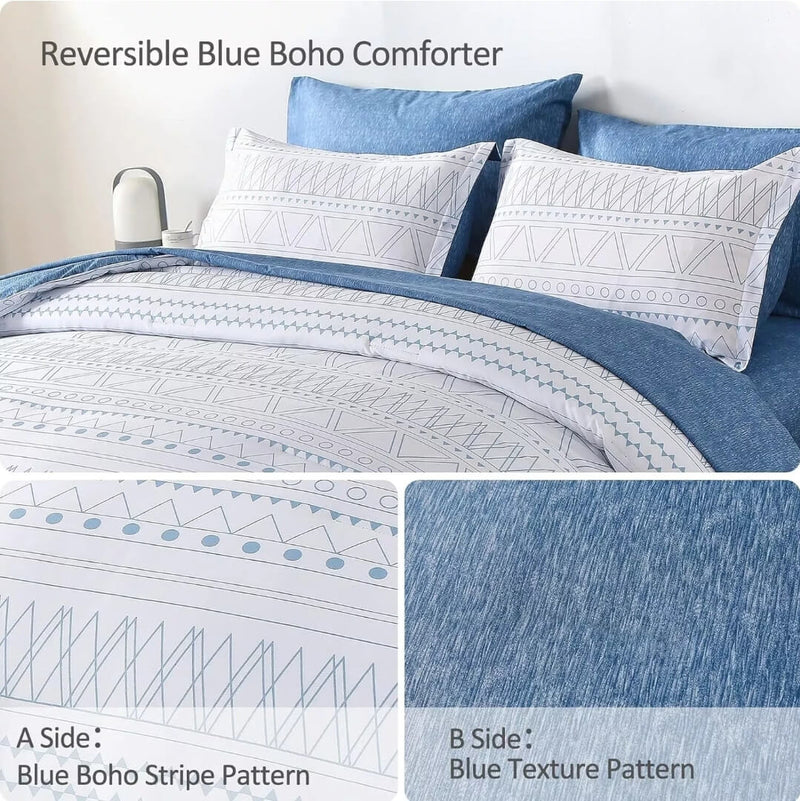 Striped Blue Quilted 7 Piece Comforter & Fitted/Flat Sheet Set Pillowcases