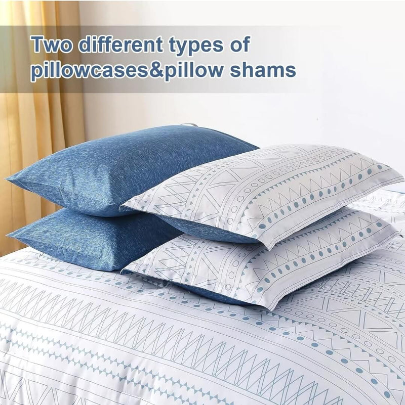 Striped Blue Quilted 7 Piece Comforter & Fitted/Flat Sheet Set Pillowcases