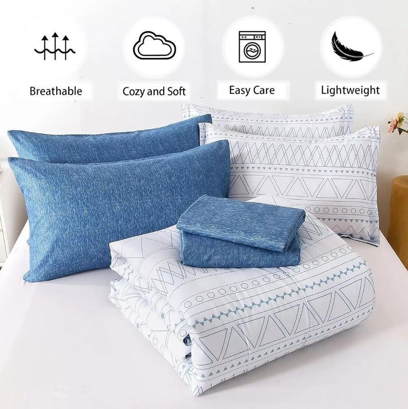 Striped Blue Quilted 7 Piece Comforter & Fitted/Flat Sheet Set Pillowcases