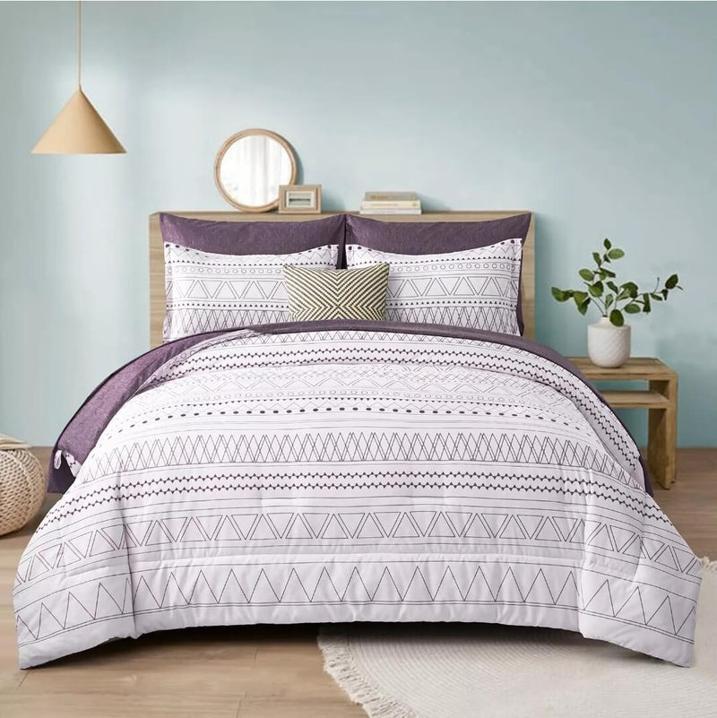 Purple Striped Quilted 7 Piece Comforter & Fitted/Flat Sheet Set Pillowcases