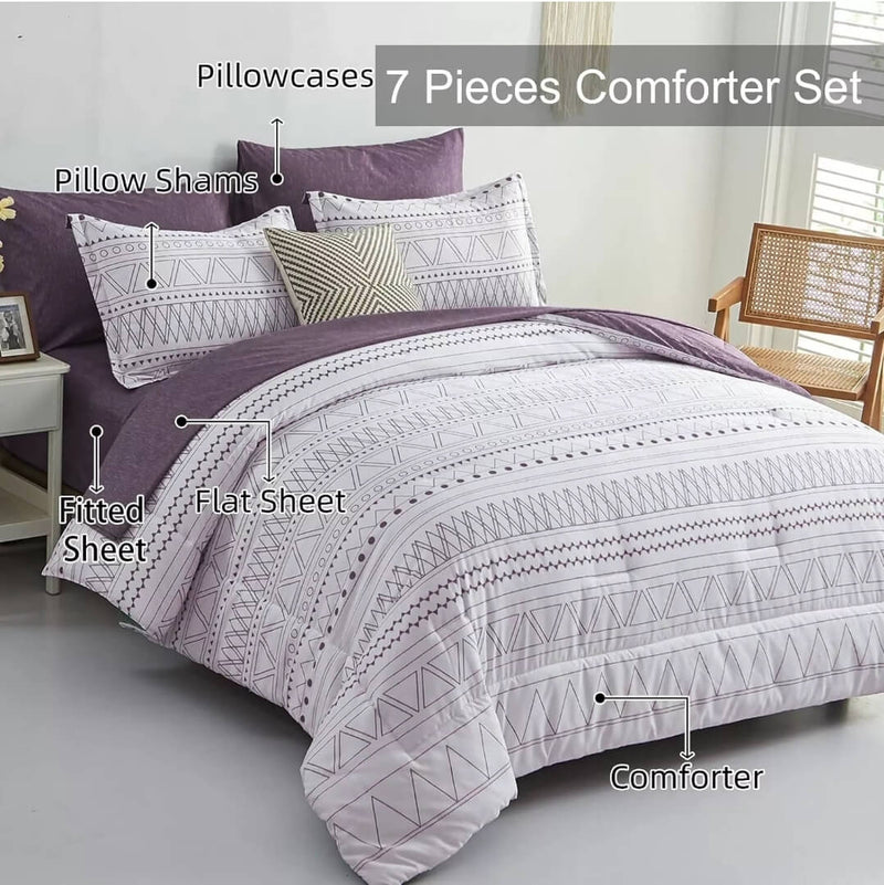 Purple Striped Quilted 7 Piece Comforter & Fitted/Flat Sheet Set Pillowcases