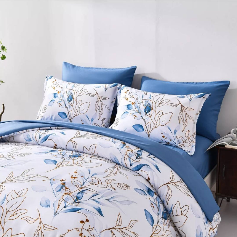 Navy Blue Floral Comforter Set-Quilt Set (3Pcs)