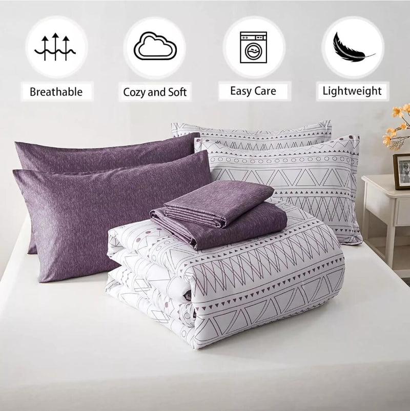 Purple Striped Quilted 7 Piece Comforter & Fitted/Flat Sheet Set Pillowcases