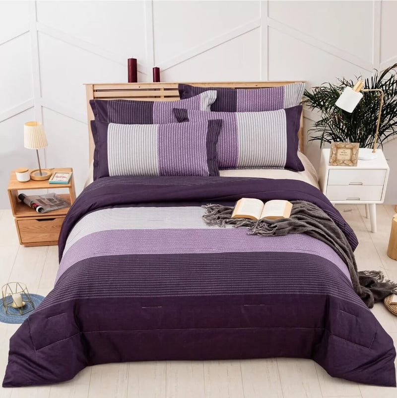 Purple Striped Quilted 3 Piece Comforter Set