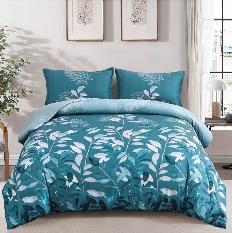 Blue Green Floral Quilted 3 Piece Comforter Set