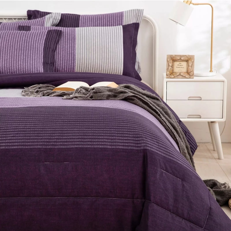 Purple Striped Quilted 3 Piece Comforter Set