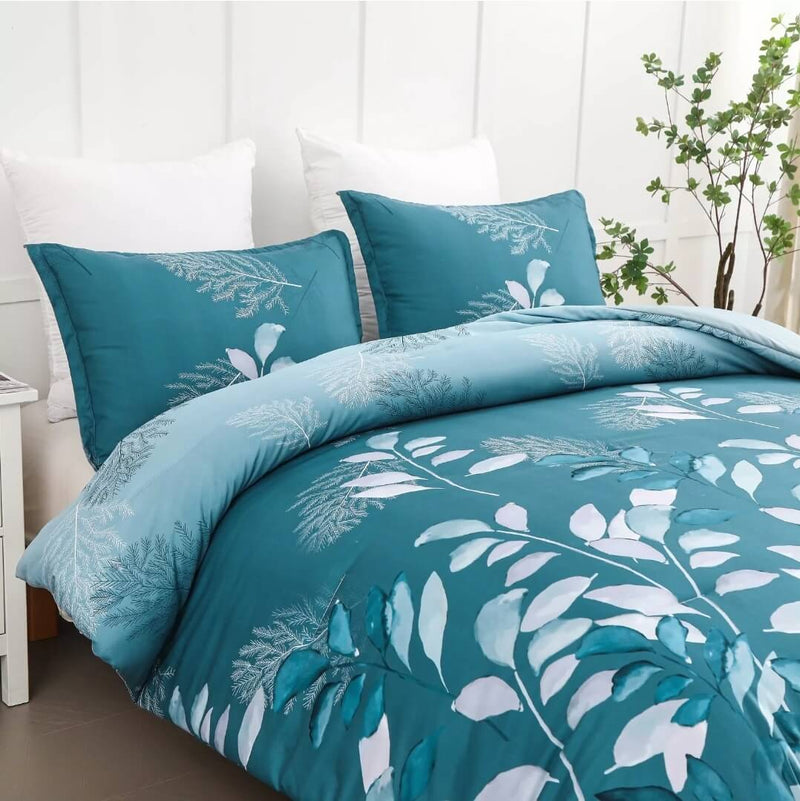 Blue Green Floral Quilted 3 Piece Comforter Set