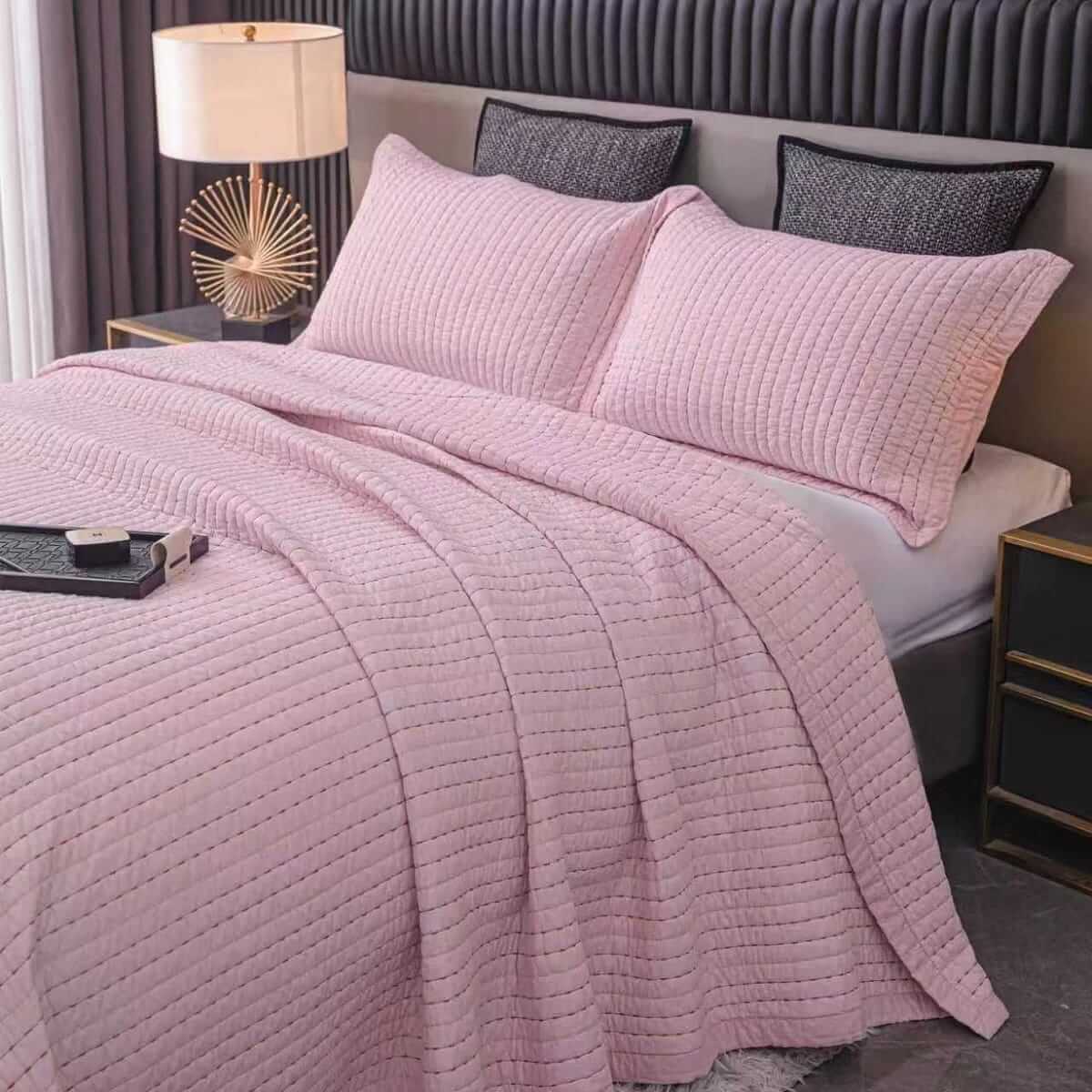 Pink Coverlet Sets Pure Cotton Striped Pink Coverlet Set-Quilted Bedspread Sets (3Pcs)