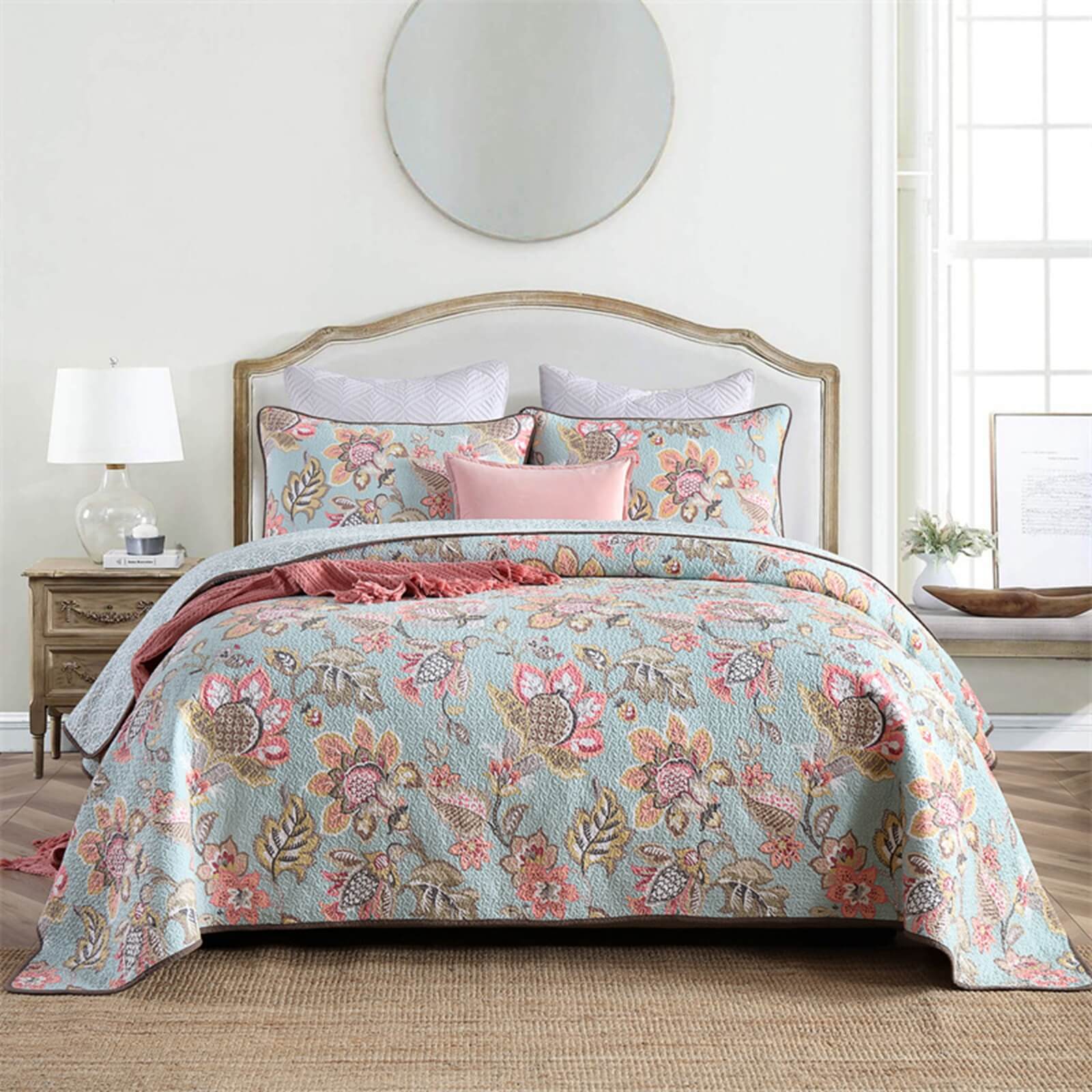 100% Cotton Floral Coverlet Set-Quilted Bedspread Sets (3Pcs)