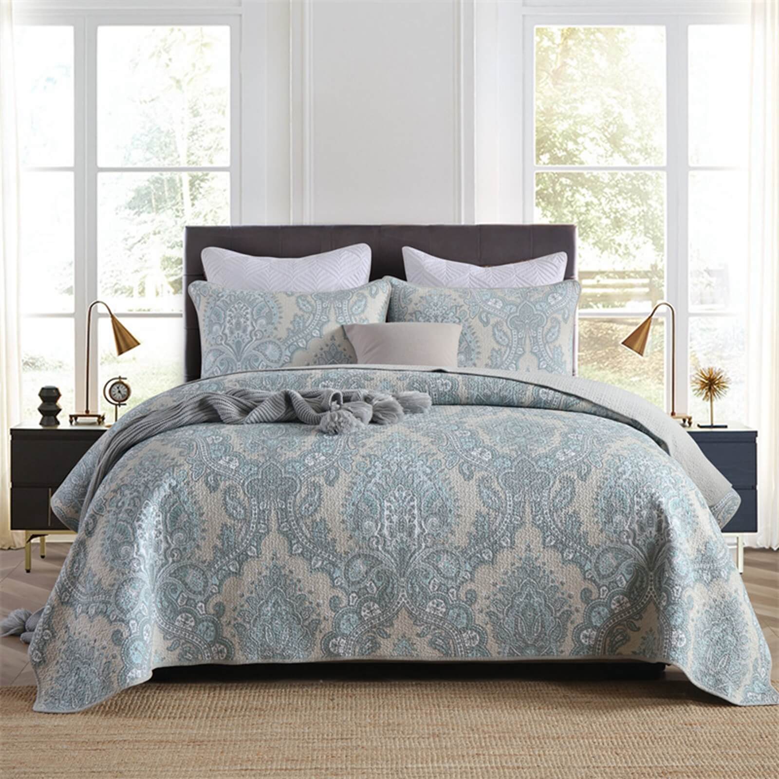 Blue Paisley Coverlet Set-Quilted Bedspread Sets (3Pcs)