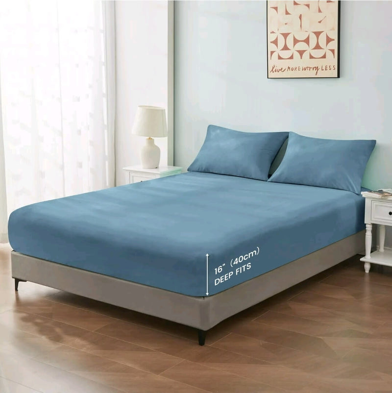 Cotton Blend Soft Fitted Bed Sheet Set (3Pcs)-Dusty Blue