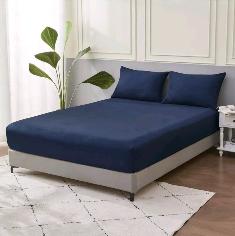 100% Pure Cotton 500TC Fitted Sheet Set-40CM Deep Fitted Bedsheet (3pcs)-Navy Blue