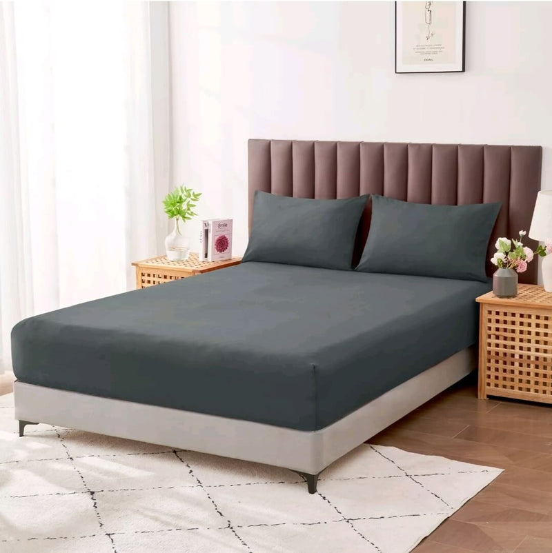Cotton Blend Soft Fitted Bed Sheet Set (3Pcs)-Charcoal