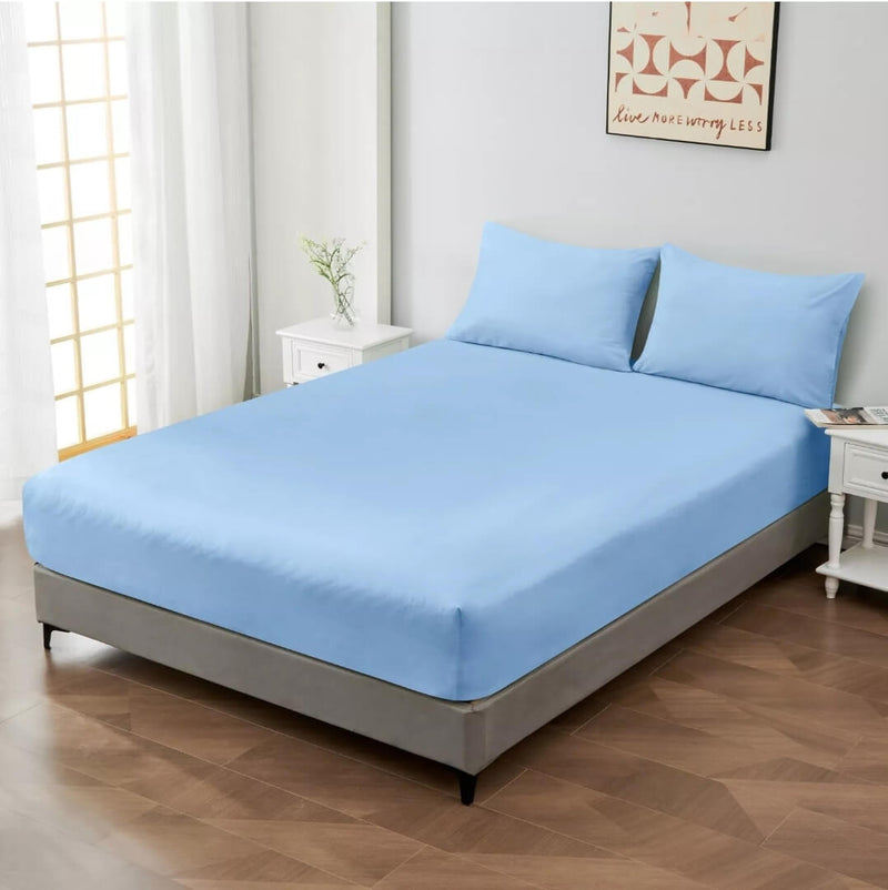 100% Pure Cotton 500TC Fitted Sheet Set-40CM Deep Fitted Bedsheet (3pcs)-Sky Blue