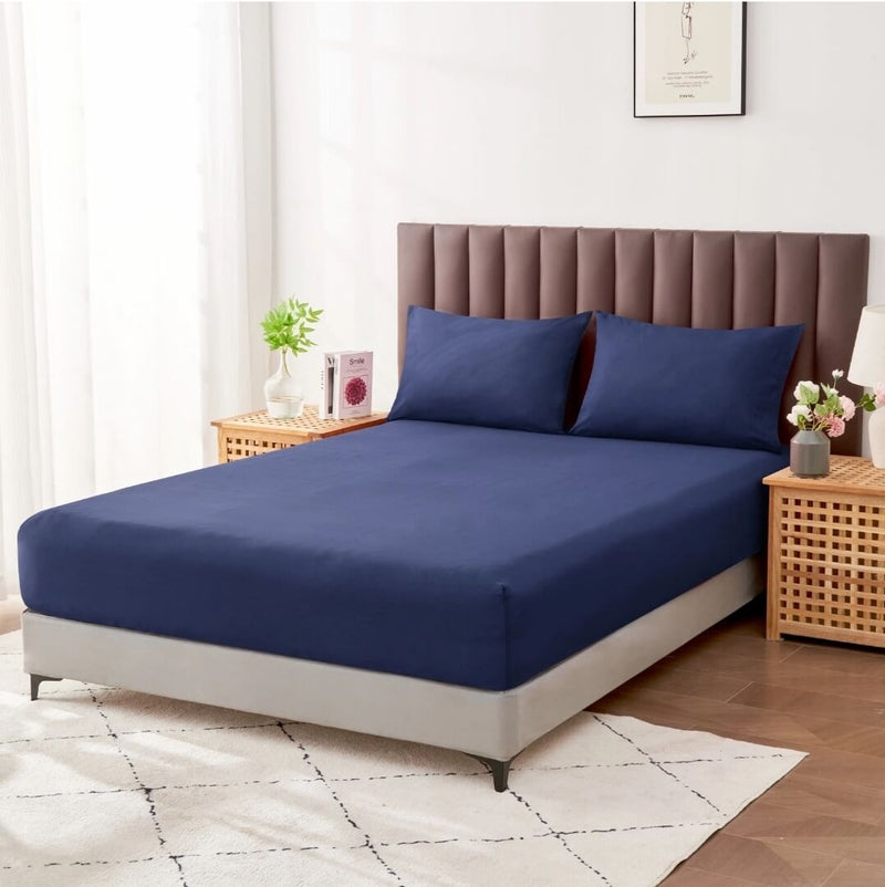 Cotton Blend Soft Fitted Bed Sheet Set (3Pcs)-Navy