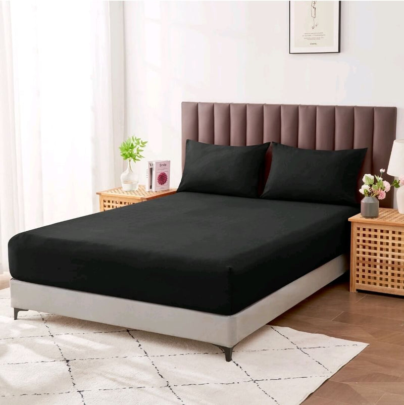 Cotton Blend Soft Fitted Bed Sheet Set (3Pcs)-Black