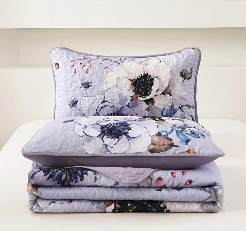 Light Lavender Floral Coverlet Set-Quilted Bedspread Sets (3Pcs)
