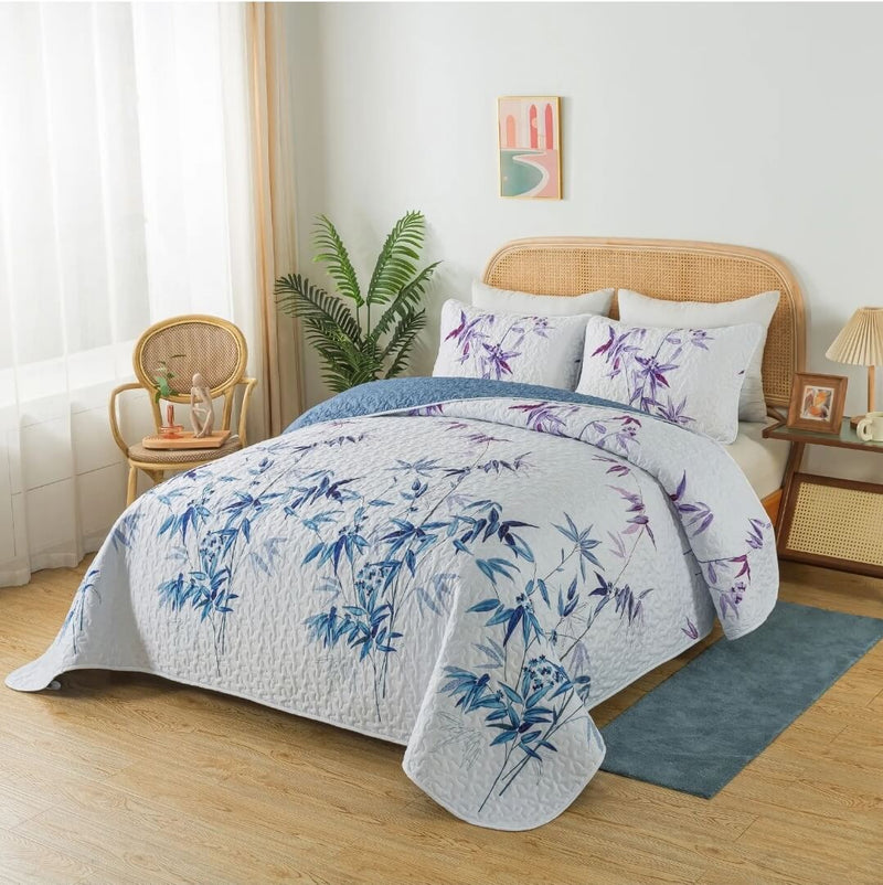 Blue Pink Floral Coverlet Set-Quilted Bedspread Sets (3Pcs)