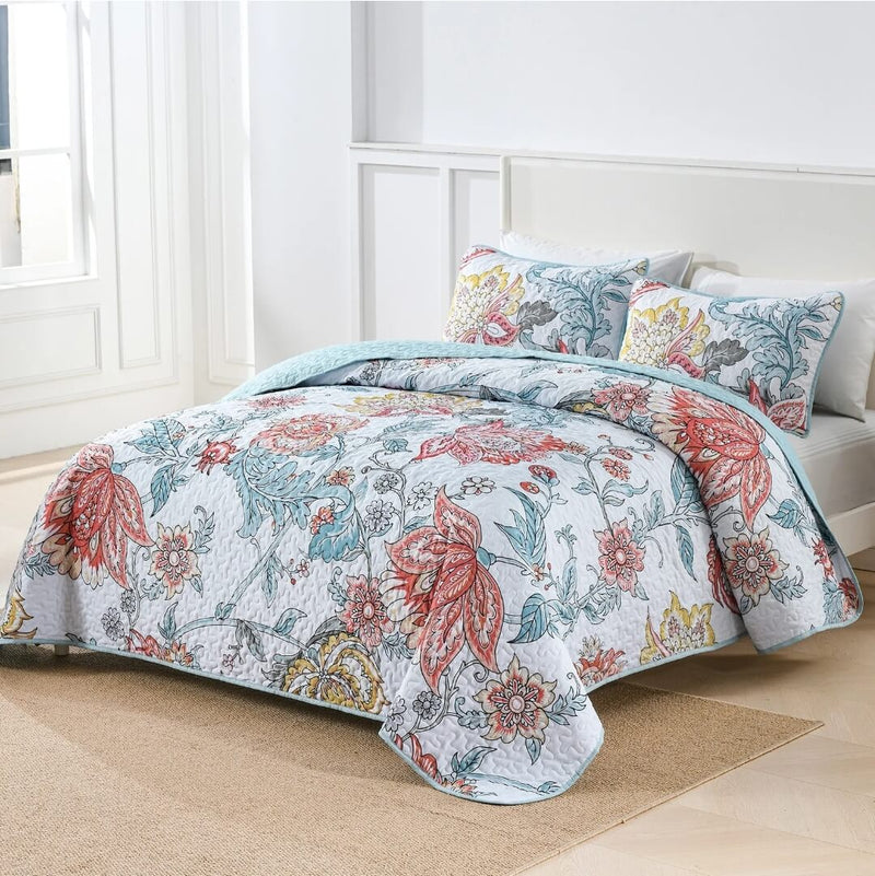 Floral Blue Coverlet Set-Quilted Bedspread Sets (3Pcs)