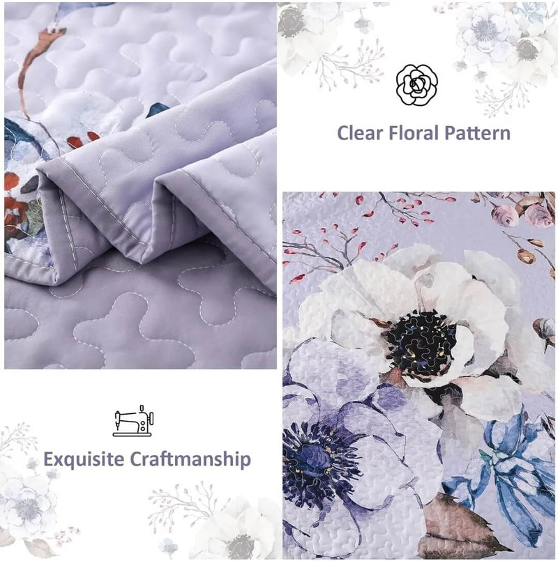 Light Lavender Floral Coverlet Set-Quilted Bedspread Sets (3Pcs)