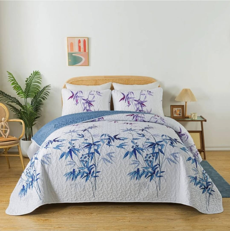 Blue Pink Floral Coverlet Set-Quilted Bedspread Sets (3Pcs)