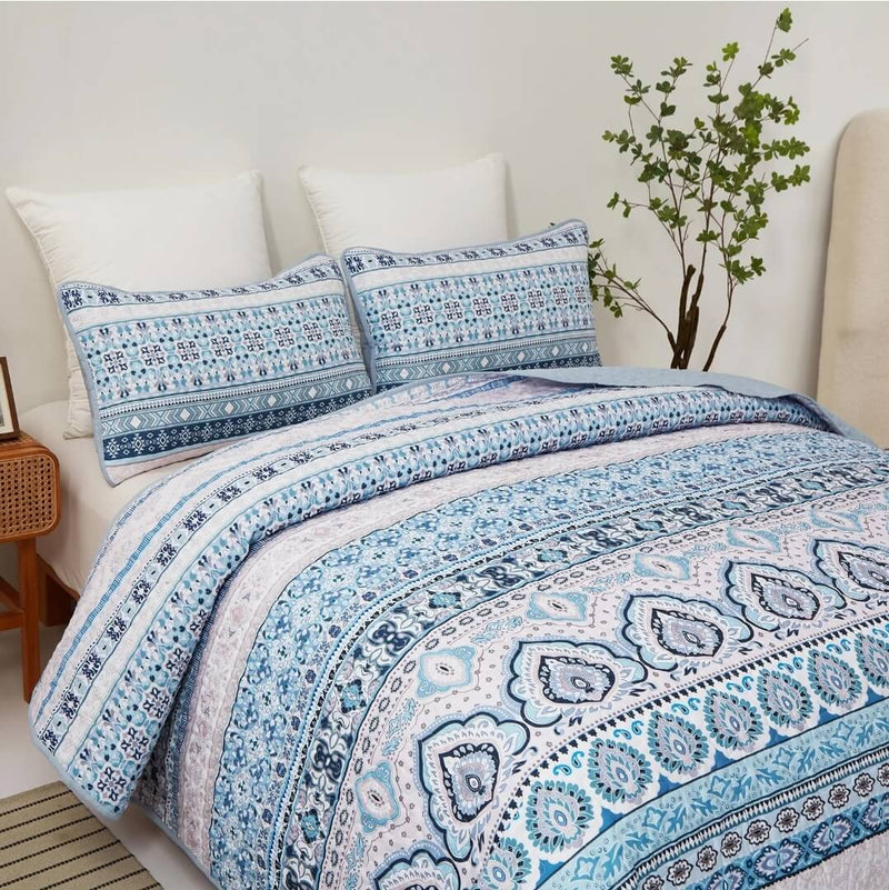 Blue INDIAN Mandala Coverlet Set-Quilted Bedspread Sets (3Pcs)