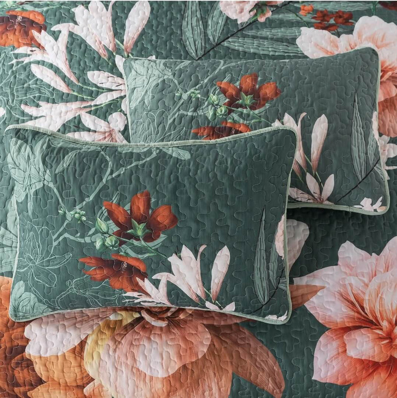 Dark Green Floral Coverlet Set-Quilted Bedspread Sets (3Pcs)