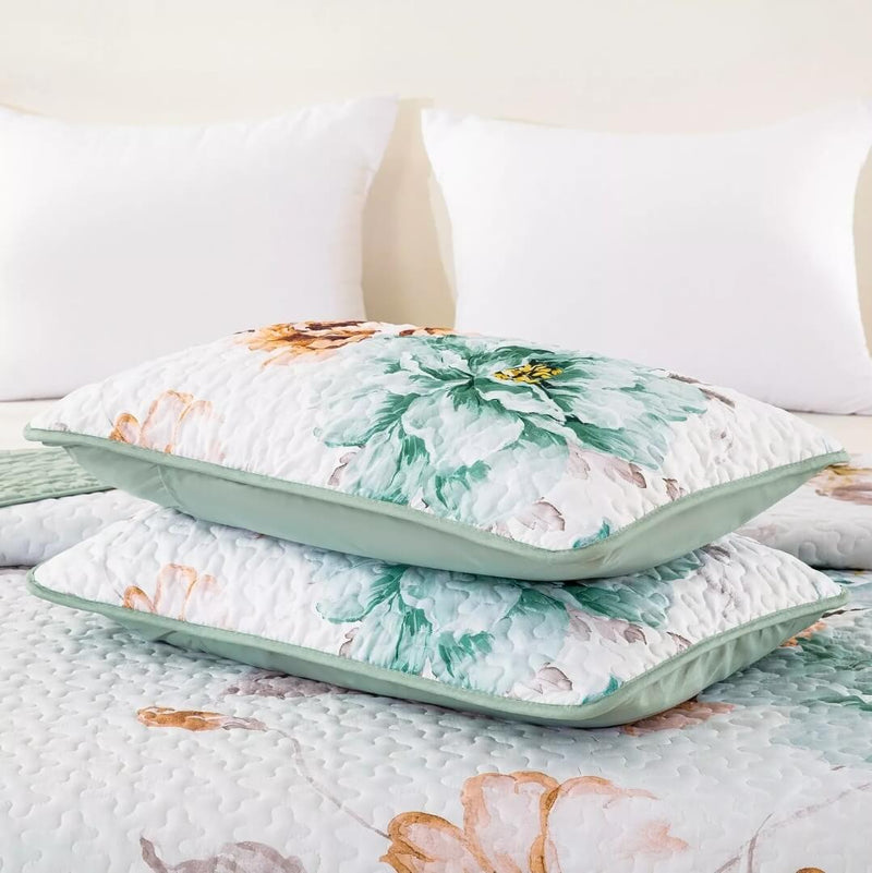 Sea Green Floral Coverlet Set-Quilted Bedspread Sets (3Pcs)