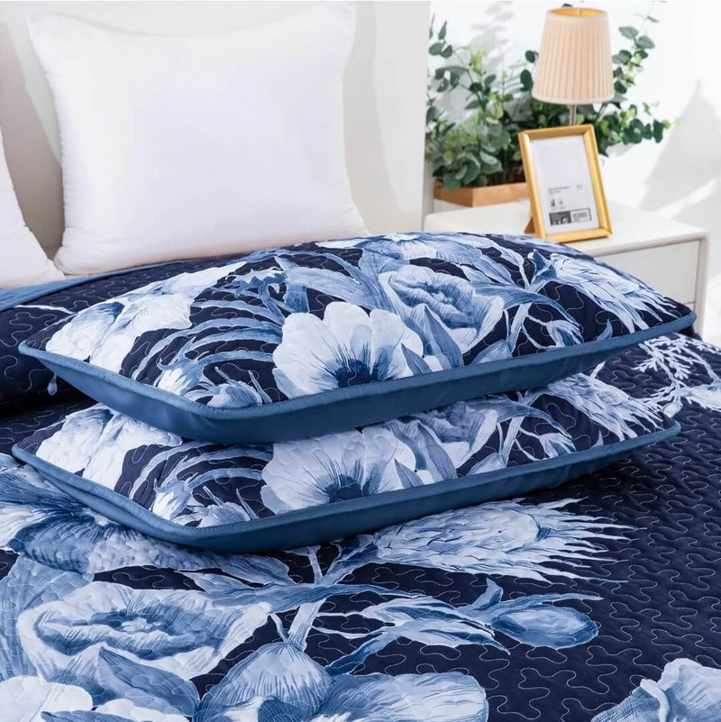 Dark Blue Floral Quilted Bedspread Coverlet Sets (3Pcs)