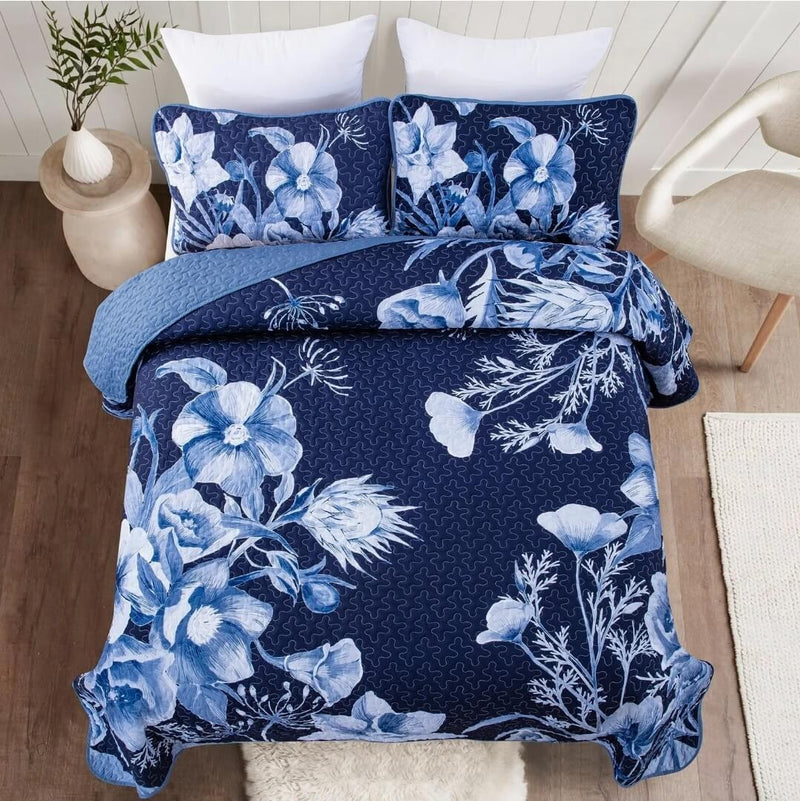 Dark Blue Floral Quilted Bedspread Coverlet Sets (3Pcs)