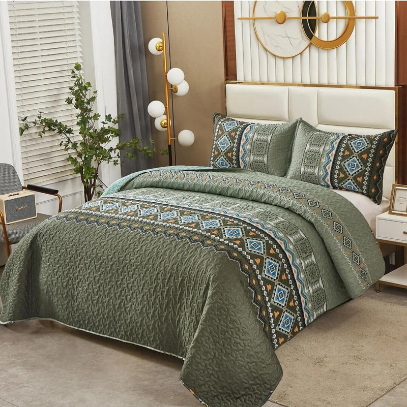 Dark Green Patchwork Coverlet Set-Quilted Bedspread Sets (3Pcs)