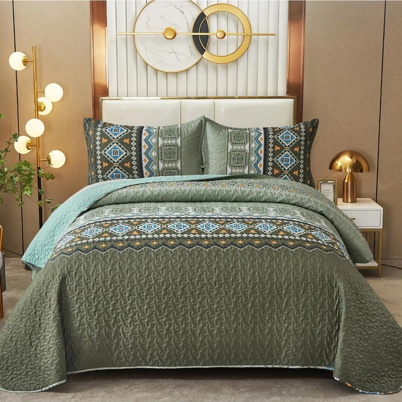 Dark Green Patchwork Coverlet Set-Quilted Bedspread Sets (3Pcs)