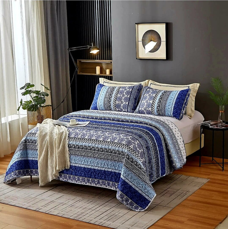 Blue Bohemian Coverlet Set-Quilted Bedspread Set (3Pcs)