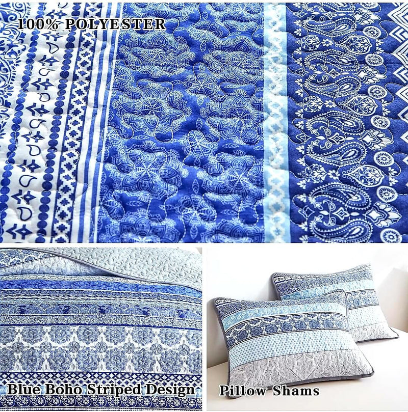 Blue Bohemian Coverlet Set-Quilted Bedspread Set (3Pcs)